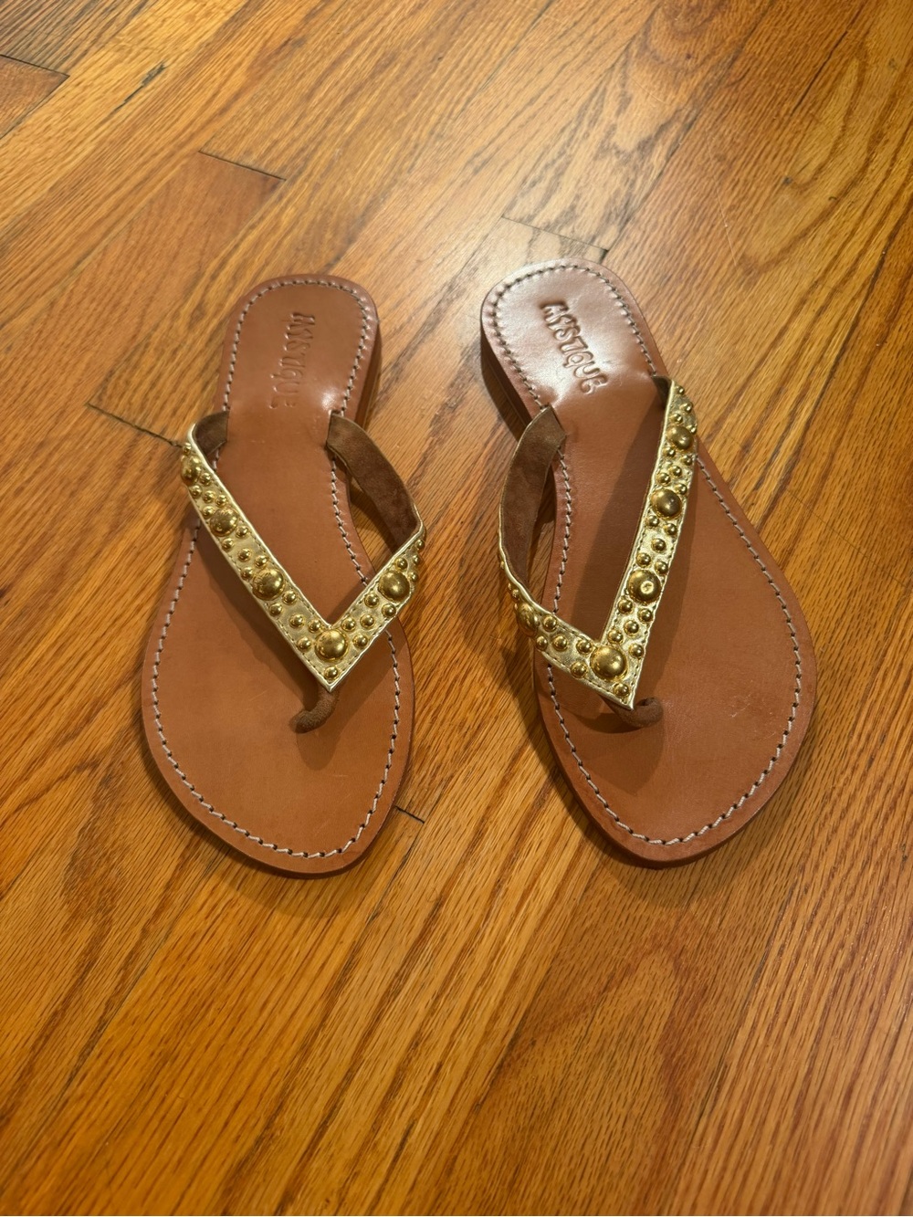 Mystique Gold Stud Leather Thong Sandals